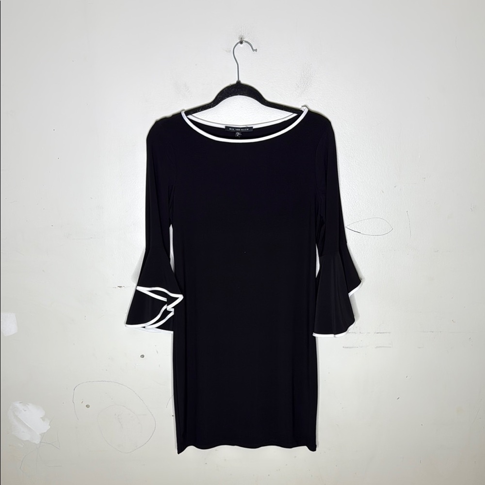 Nik & Nash Polyester Blend Elegant Black Dress with White Accents Bell Sleeve MD